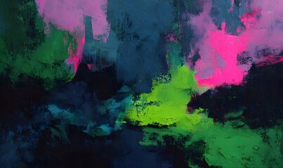 Fototapeta premium an abstract painting, dark colours, prussian blue, neon pink and neon green accents