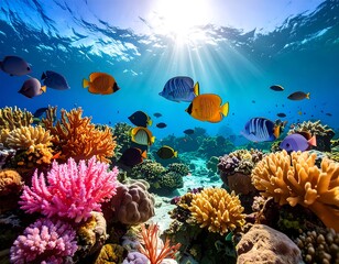 Vibrant coral reef teeming with diverse fish, bathed in sunlight