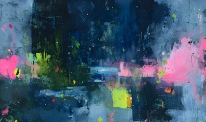 Fototapeta premium an abstract painting, dark colours, prussian blue, neon pink and neon green accents