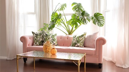 Fototapeta premium modern living room with flowers and Pink sofa and couch with beautiful curtains