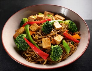 Delicious vegan stir fry noodle bowl filled with crispy tofu, fresh green broccoli, and colorful bell peppers sits ready for a healthy meal.