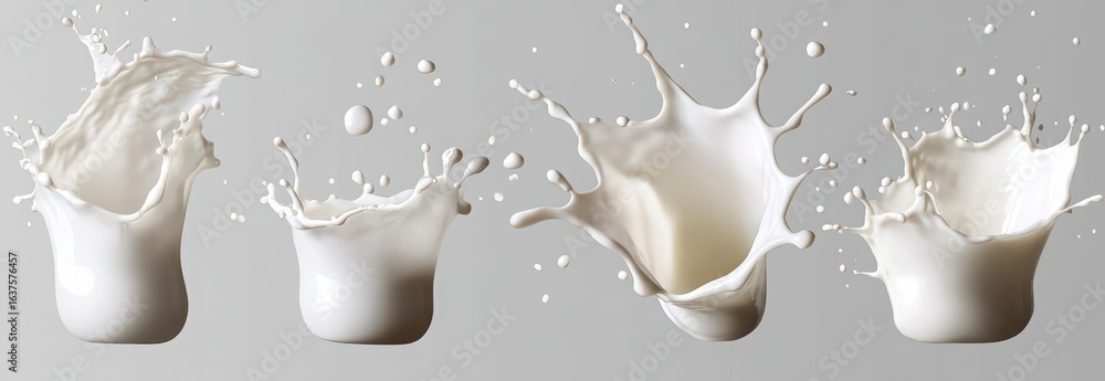 Poster dynamic sequence of milk splashes with vivid white color against neutral background