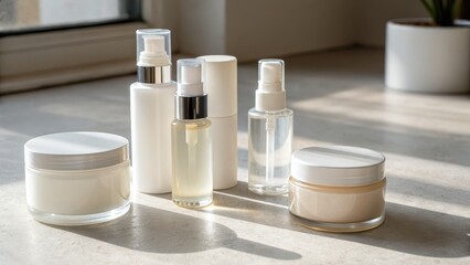 Minimalist Skincare Products on Sunlit Surface in Modern Space