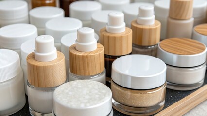 Modern Collection of Skincare Products on Wooden Tray Display