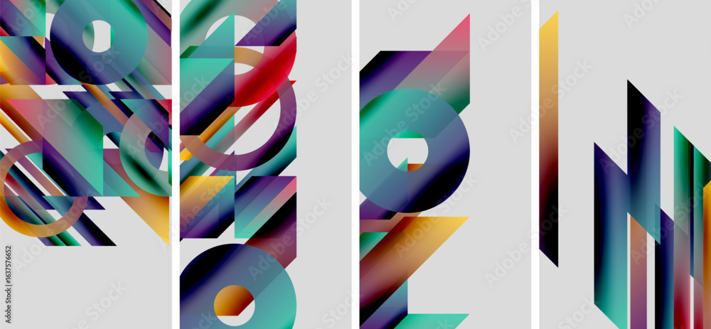 Poster abstract geometric composition. vivid colors blend, creating dynamic shapes. panels suggest movement