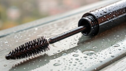 Close-up of Waterproof Mascara with Raindrops on Surface