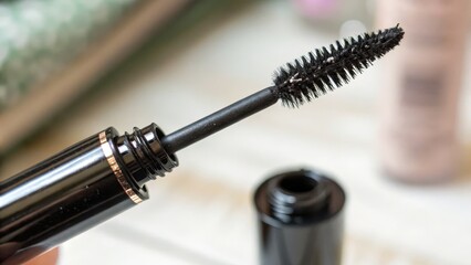 Close-Up of Mascara Wand with Glossy Black Formula on Wooden Surface