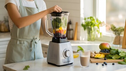 Healthy food prep and making a smoothie using blender in a bright kitchen.