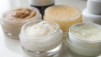 Variety of Natural Skin Care Creams and Exfoliators on White Surface