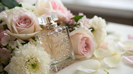 Elegant Perfume Bottle Surrounded by Delicate Flower Bouquets