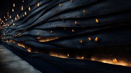 Dark, textured wall with embedded lights and small details.