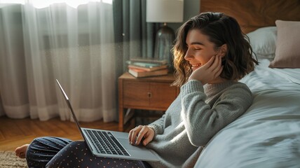 Cozy indoor scene: A person using laptop in a serene bedroom.