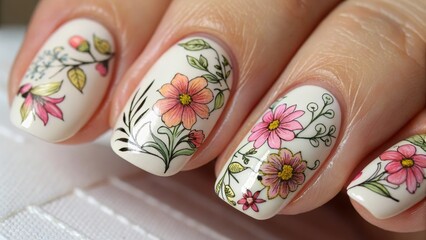 Beautiful Floral Nail Art Design on Elegant Natural Nails
