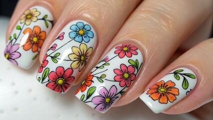 Colorful Floral Nail Art Design with Detailed Flower Patterns