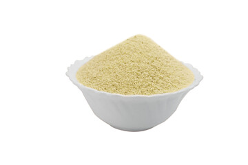 Whole wheat called Suji or Rawa on white background side view.