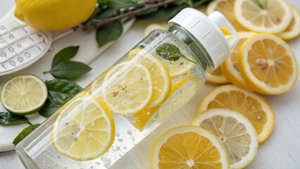 Refreshing Lemon Infused Water in Clear Bottle with Fresh Lemon Slices