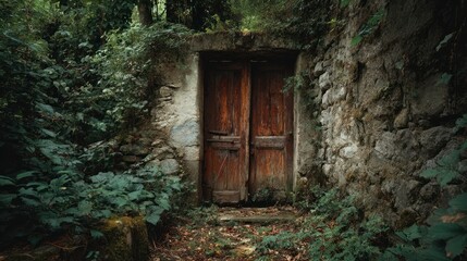 Old wooden door in stone wall overgrown by plants