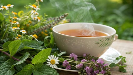 Herbal Tea with Fresh Herbs and Wildflowers in Natural Setting