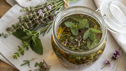 Fresh Herbal Infusion in Glass Jar with Natural Ingredients