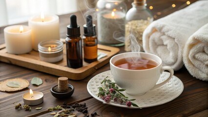 Relaxing Herbal Tea with Aromatherapy and Spa Essentials at Home