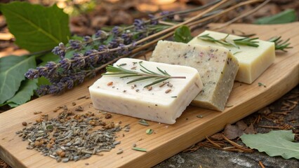 Freshly Made Herbal Soap Bars with Lavender and Rosemary Garnish