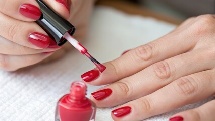 Woman Applying Bright Red Nail Polish on Neat Manicure at Home