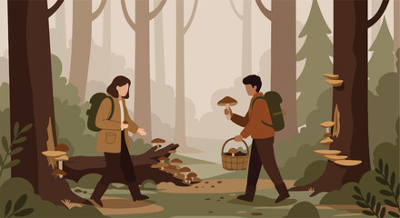 People forest walking, finding mushrooms in forest with backpacks. Mushroom gathering fun