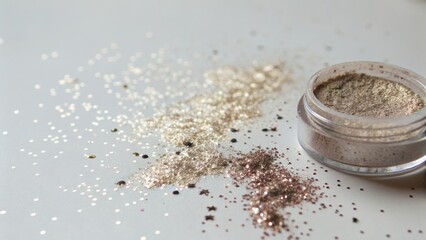 Sparkling Cosmetic Glitter in Jar with Dust on Light Background