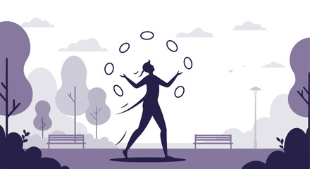 Person juggling rings, outdoors, stylized, light background, purple silhouette