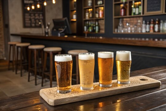 Beer flight on wooden board in bar, variety of ales