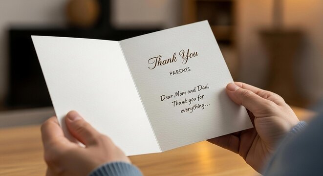 Person holding a thank you card for parents