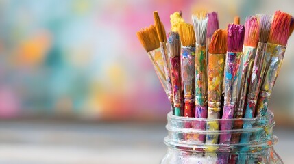 Colorful paintbrushes in a glass jar.