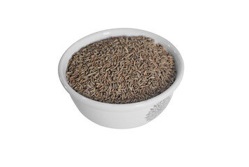 Cumin, also known as jeera on a white bowl isolated on white background 