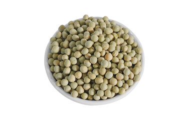 Dried green peas in white bowl  isolated on white background. Peas in a bowl.top view 