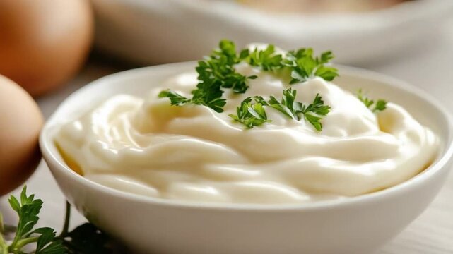 Creamy mayonnaise in a white bowl with fresh herbs and eggs in the background for culinary or cooking themes 4k video footage
