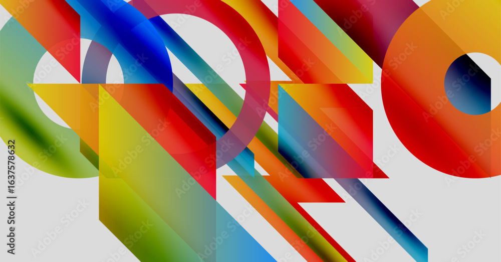 Poster abstract geometric shapes overlap, creating vibrant color gradients. composition features circles, r