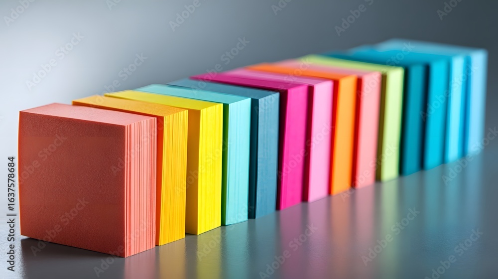 Poster colorful stacks of sticky notes arranged in a row.