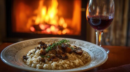 Cozy winter meal of creamy mushroom risotto paired with a warming glass of Merlot near a crackling fireplace