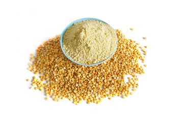 Besan, Gram or chickpea flour isolated on white background. Gram flour known as besan powder.