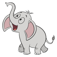 Fototapeta premium A happy cartoon baby elephant with its trunk raised and mouth open in excitement