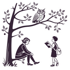 Fototapeta premium A wise owl watches over two children reading books under a large tree in a peaceful outdoor setting