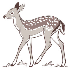 Fototapeta premium Charming cartoon fawn with spotted coat standing gracefully in sparse green grass against a black background