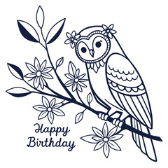 Obraz premium Charming illustration of a cute owl wearing a flower crown perched on a branch with flowers and leaves