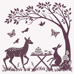 Charming forest scene with a deer and rabbit enjoying a tea party under a tree