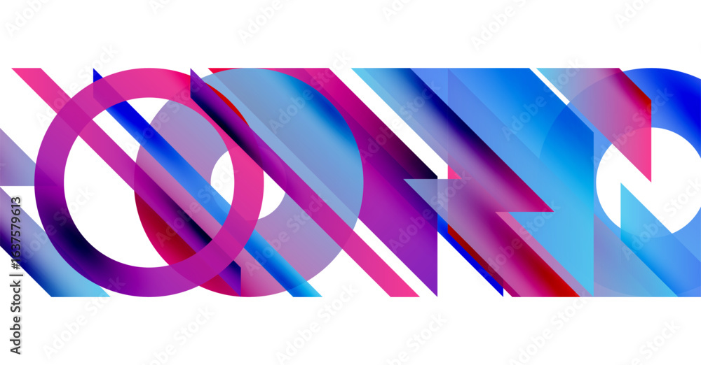 Poster abstract geometric shapes overlap. vibrant blues, purples create dynamic visual effect. modern desig