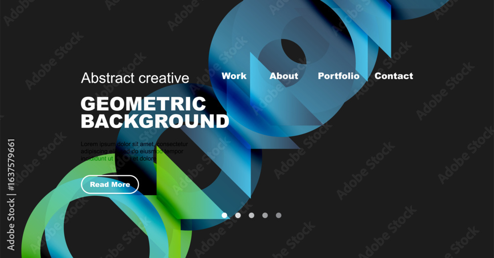 Poster modern website mockup features abstract shapes, vibrant colors, text elements. navigation includes w