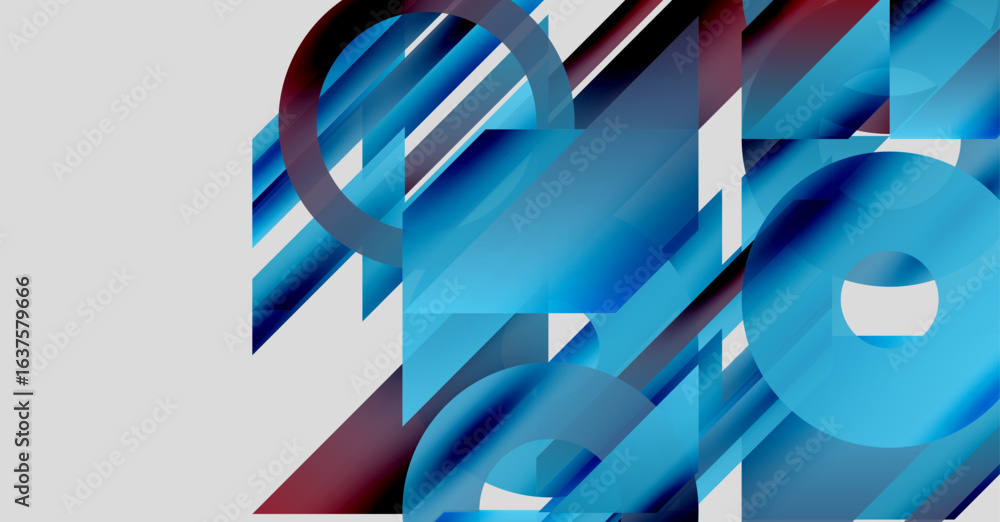 Poster abstract geometric composition. blue, white, burgundy shapes intersect, creating dynamic visual effe