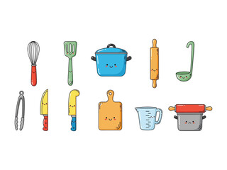 Culinary companions: a vibrant illustration showcasing a collection of kitchen tools and accessories, all with adorable faces, evoking a sense of playfulness and warmth.