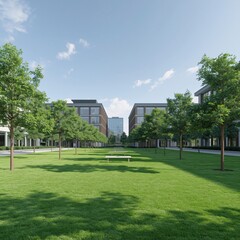 Fototapeta premium Modern Office Park with Green Lawn, Trees, and Ambient Bench