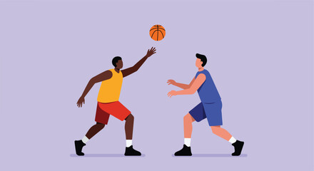 Two players compete for basketball, one reaching, another guarding on purple background